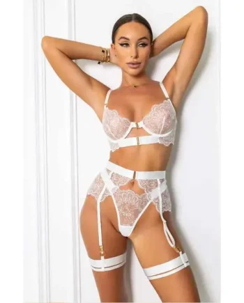 White Love Tease Lace Bra and Garter Set